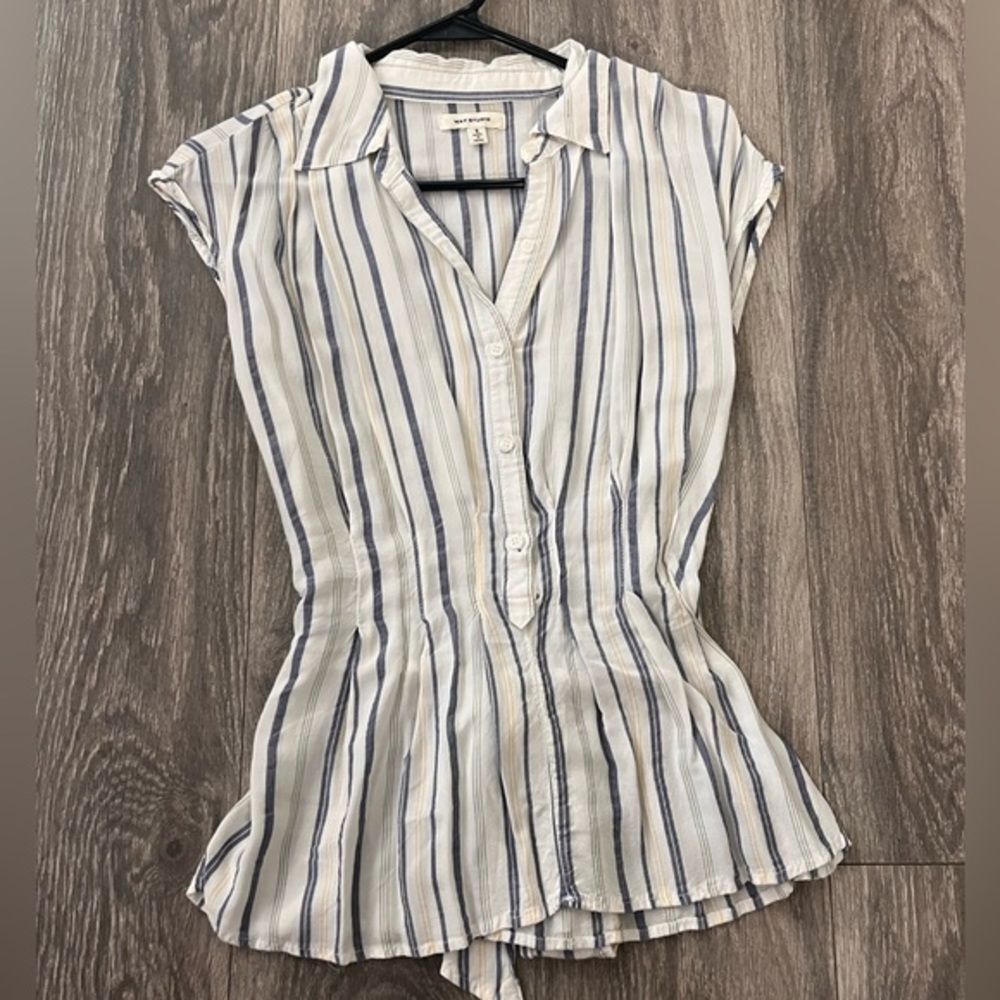 Max Studio White Striped Cotton Top – Size Small, Blue & Yellow